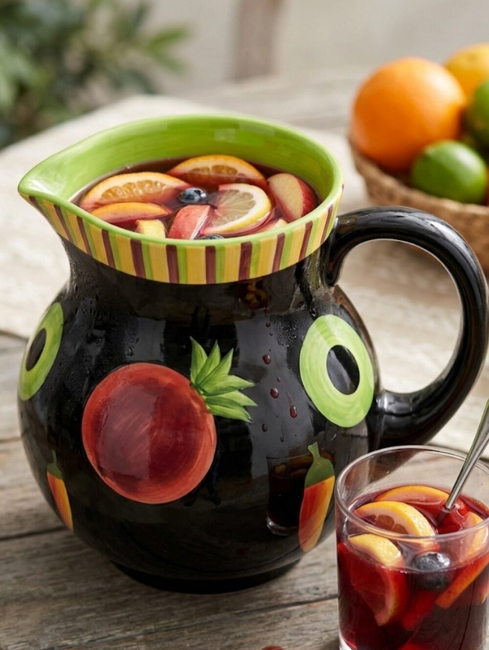 Crate & Barrel Ceramic Fruit & Chili Pepper Pitcher - Black